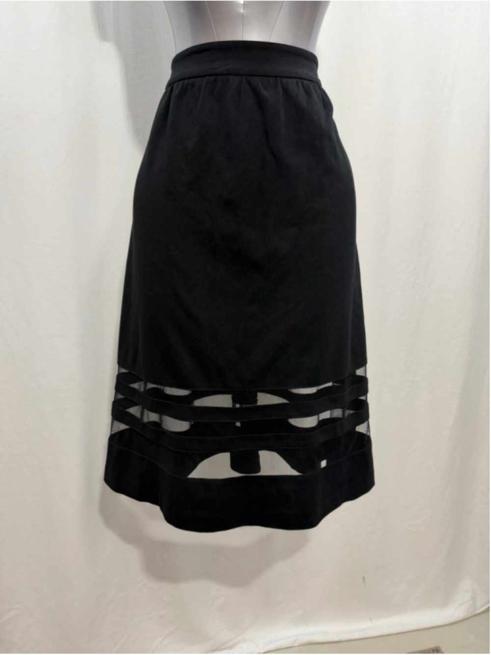 Women's Carmen Marc Valvo Black Mesh Inset A Line Midi Skirt Stripe Border 2065